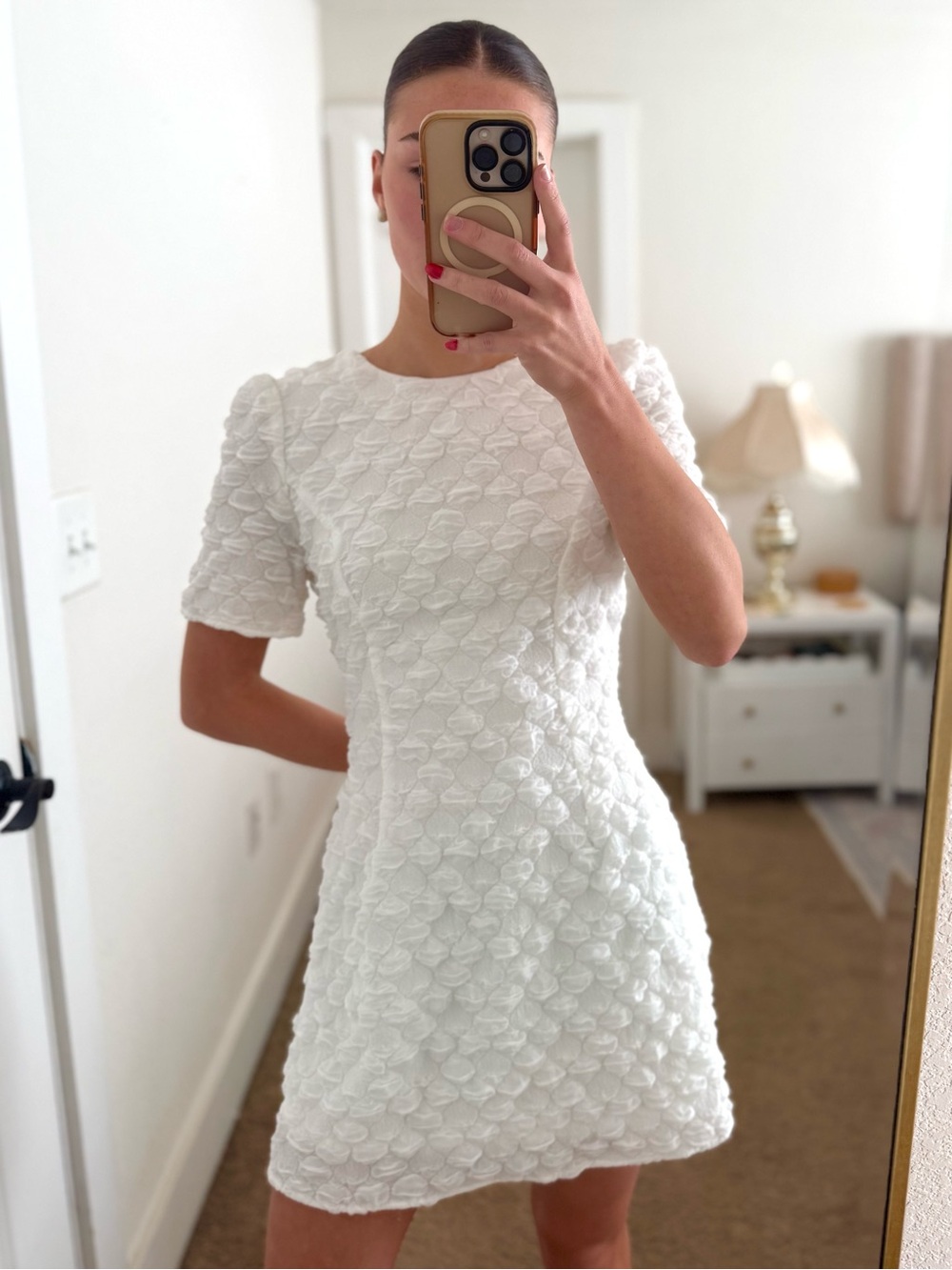 Lena White Textured Puff-Sleeve Mini Dress